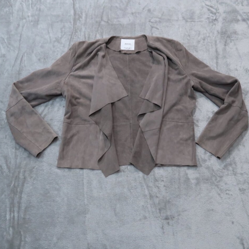 Mango Leather Jacket Womens Drape Front Suede Blazer Open Jacket Long Sleeve L - Picture 2 of 8